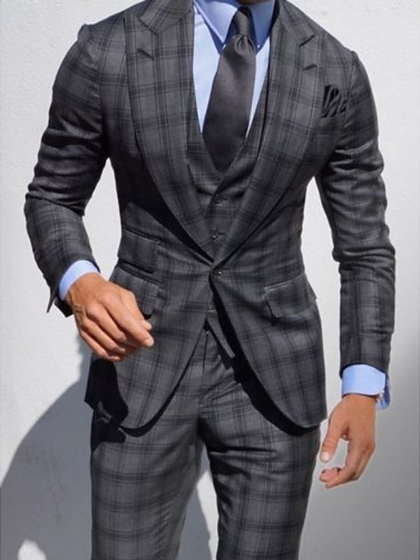 Dark Gray Men's Wedding Plaid Checkered Tailored Fit Single Breasted Suits 3 Piece