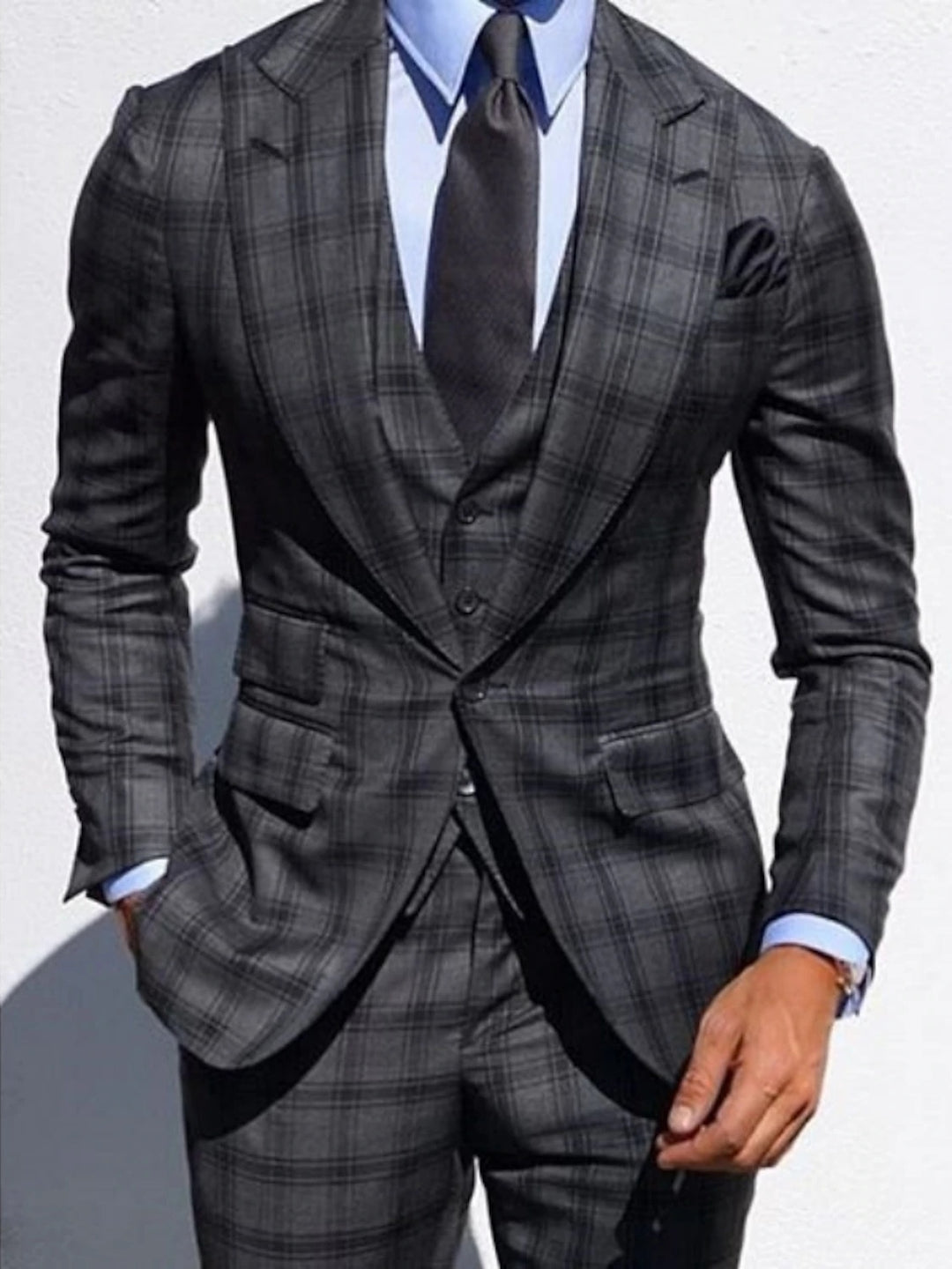 Dark Gray Men's Wedding Plaid Checkered Tailored Fit Single Breasted Suits 3 Piece