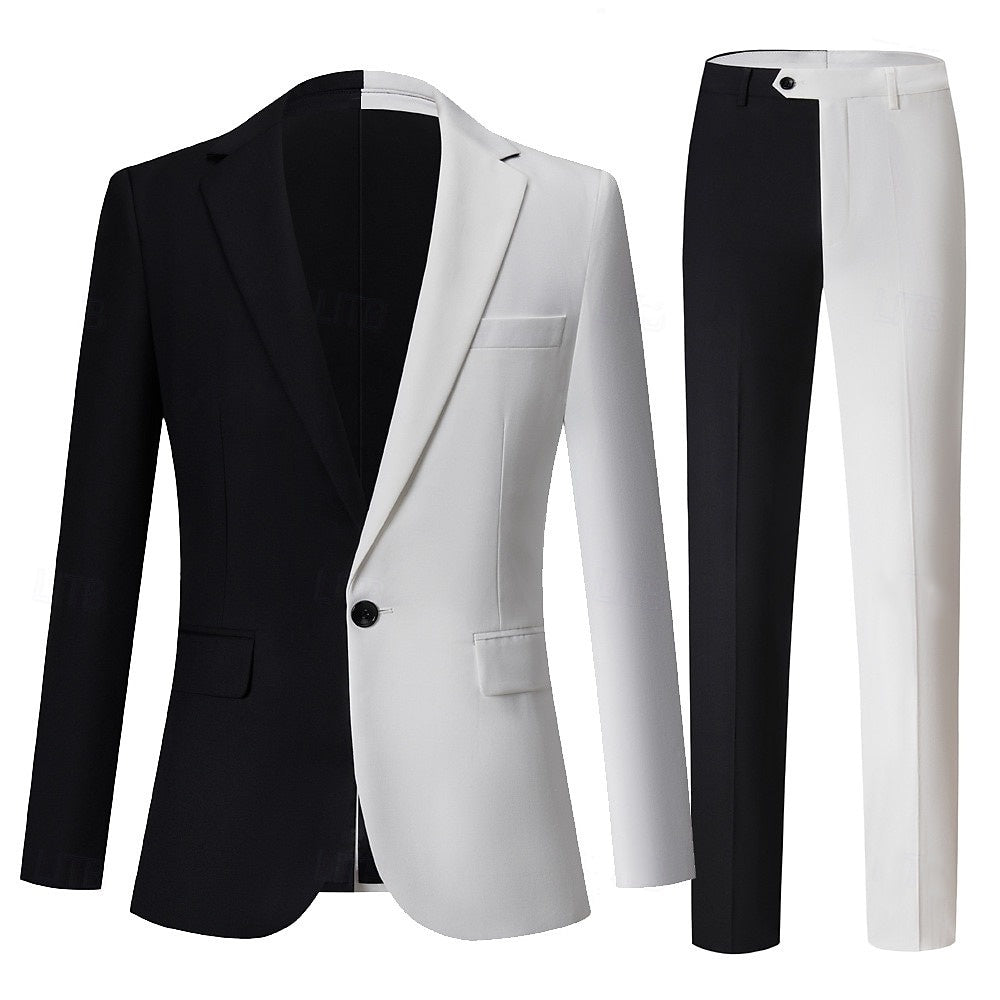 black and white party dress for men Men's Black White PatchworkPunk Fashion Standard Fit Single Breasted Party Prom Suits 2 Piece