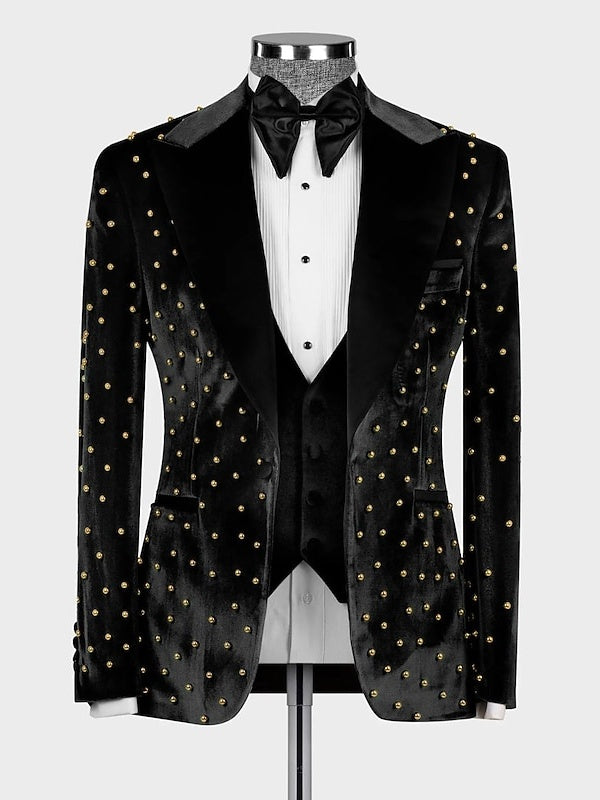 Men's Fall Velvet Beading Peak Lapel Groom Tuxedo Formal Dinner Party Blazer Jacket