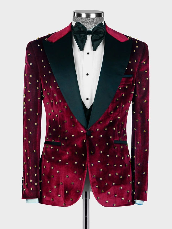 Men's Fall Velvet Beading Peak Lapel Groom Tuxedo Formal Dinner Party Blazer Jacket