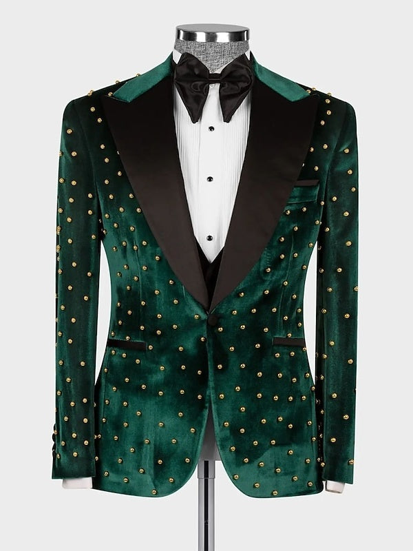 Men's Fall Velvet Beading Peak Lapel Groom Tuxedo Formal Dinner Party Blazer Jacket