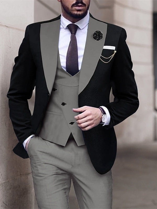 Men's Patchwork Tailored Fit Single Breasted Two-Buttons Wedding Prom Suits 3 Piece, Dark Gray