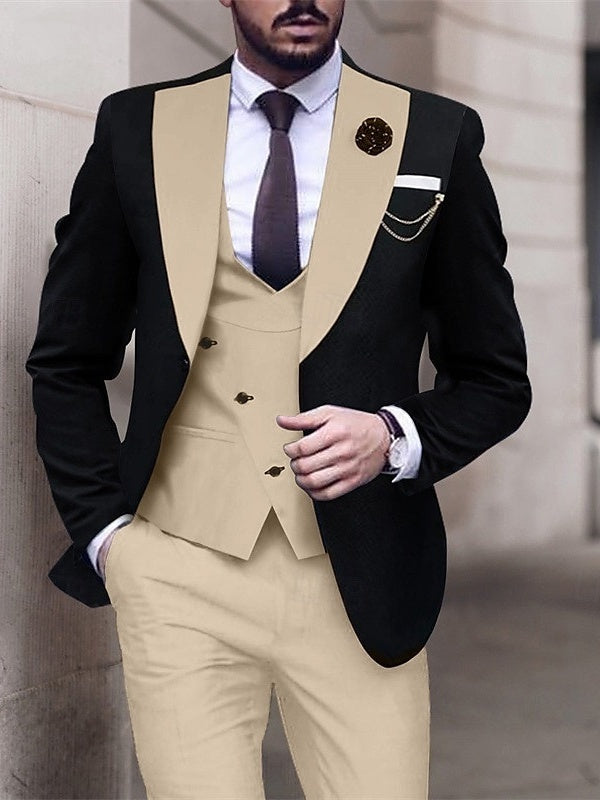 Men's Patchwork Tailored Fit Single Breasted Two-buttons Wedding Prom Suits 3 Piece Khaki Men's Patchwork Tailored Fit Single Breasted Two-buttons Wedding Prom Suits 3 Piece Khaki