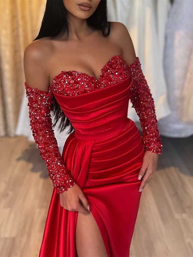 Black Off-Shoulder Evening Dress 2026 for Women Satin Sequin Long Sleeve Gown Ruched Slim Fit Elegant Long Formal Evening Wear with High Slit, Black Black Off-Shoulder Evening Dress 2026 for Women Satin Sequin Long Sleeve Gown Ruched Slim Fit Elegant Long Formal Evening Wear with High Slit, Black