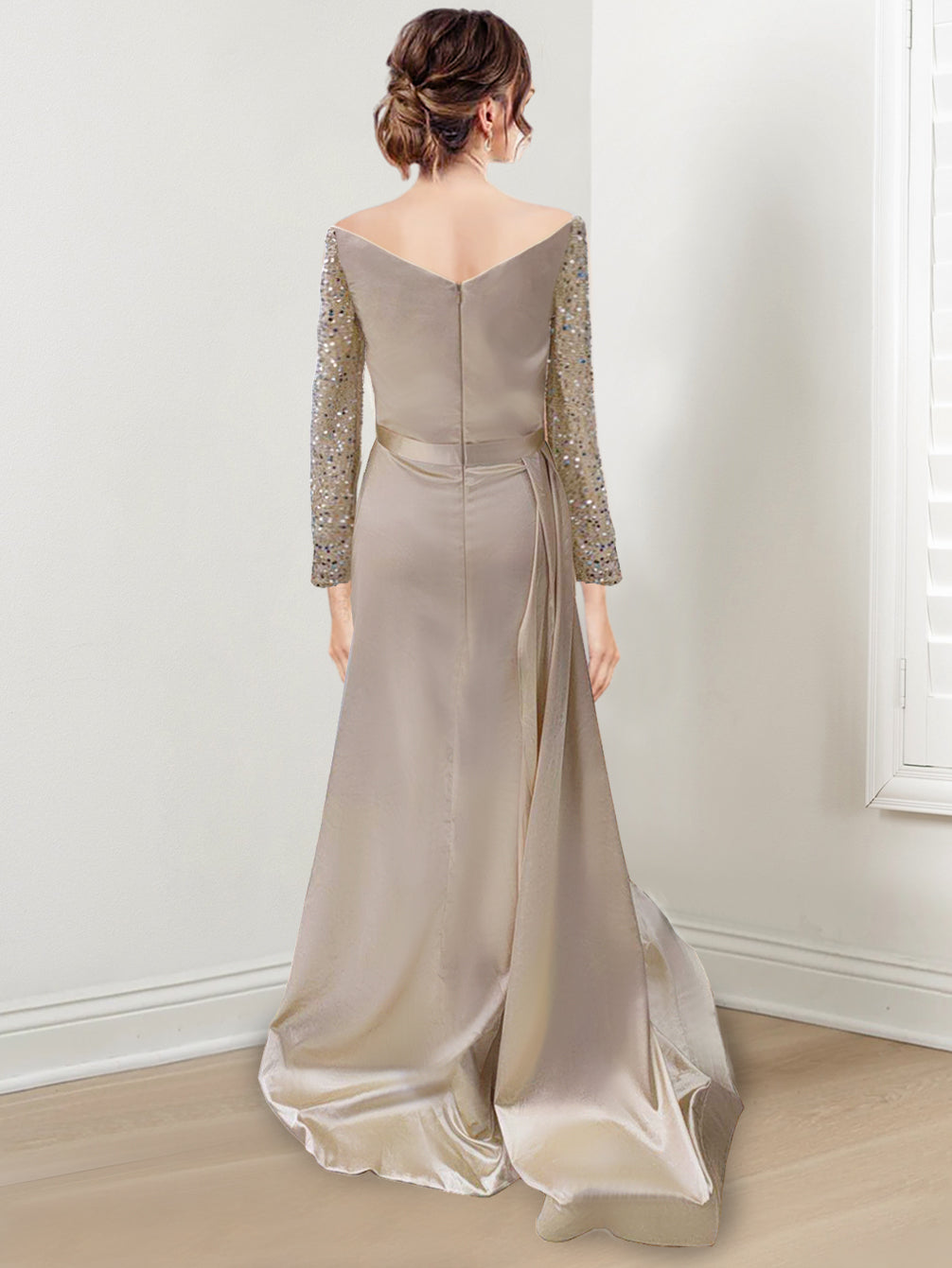 Sheath/Column Off-the-Shoulder Floor-length Long Prom Dresses With Split Side & Sequins