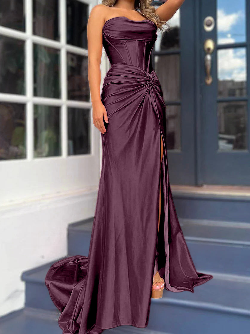 Sheath/Column Strapless Evening Dresses Sleeveless Floor-length With Split Side Purple