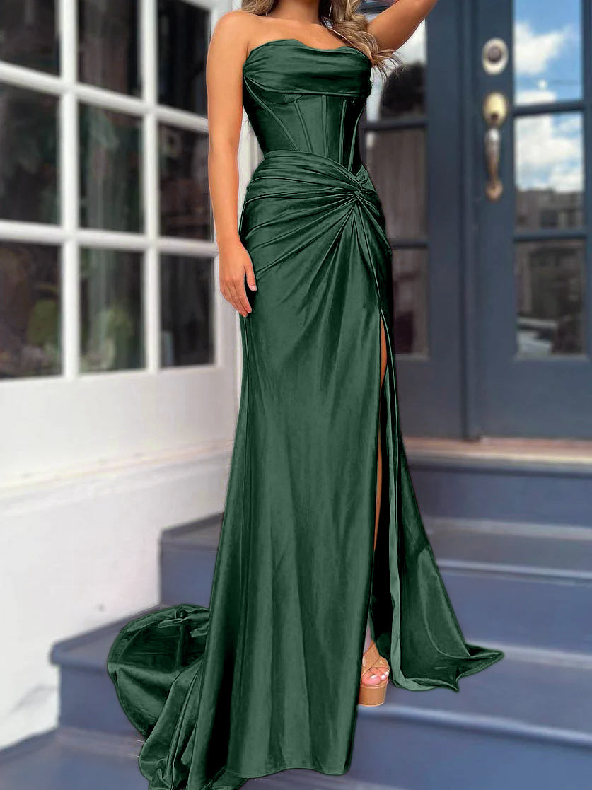 Sheath/Column Strapless Evening Dresses Sleeveless Floor-length With Split Side Dark Green Sheath/Column Strapless Evening Dresses Sleeveless Floor-length With Split Side Dark Green