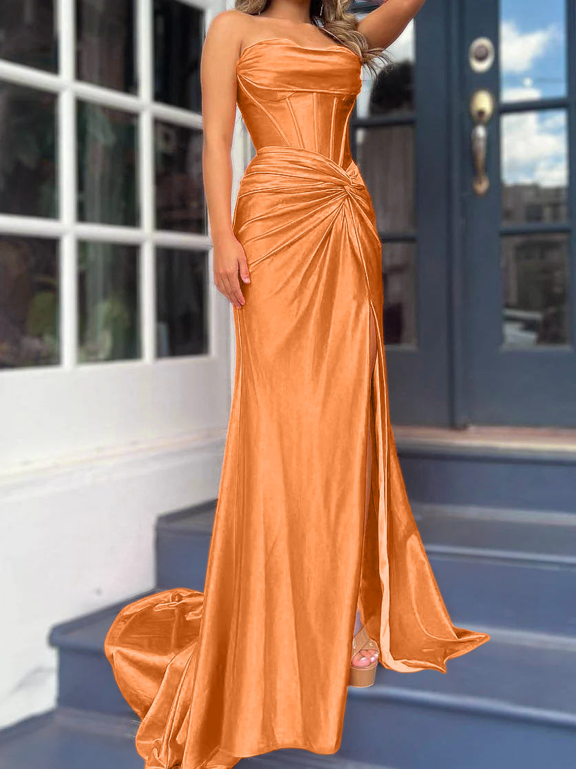 evening dresses orange Orange Strapless Evening Dress 2026 for Women Satin Corset Gown Ruched Slim Fit Elegant Long Formal Evening Wear with High Slit, Orange