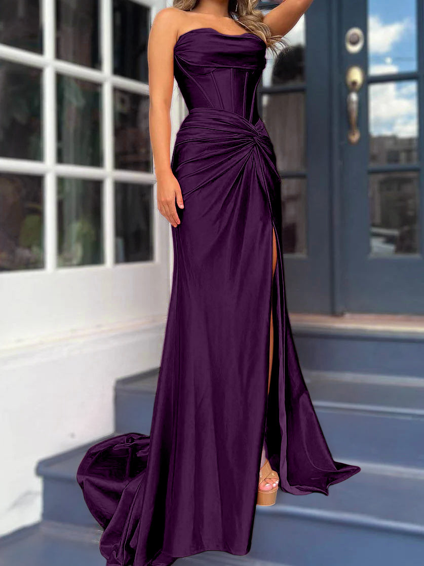 Sheath/Column Strapless Evening Dresses Sleeveless Floor-length With Split Side Plum Sheath/Column Strapless Evening Dresses Sleeveless Floor-length With Split Side Plum
