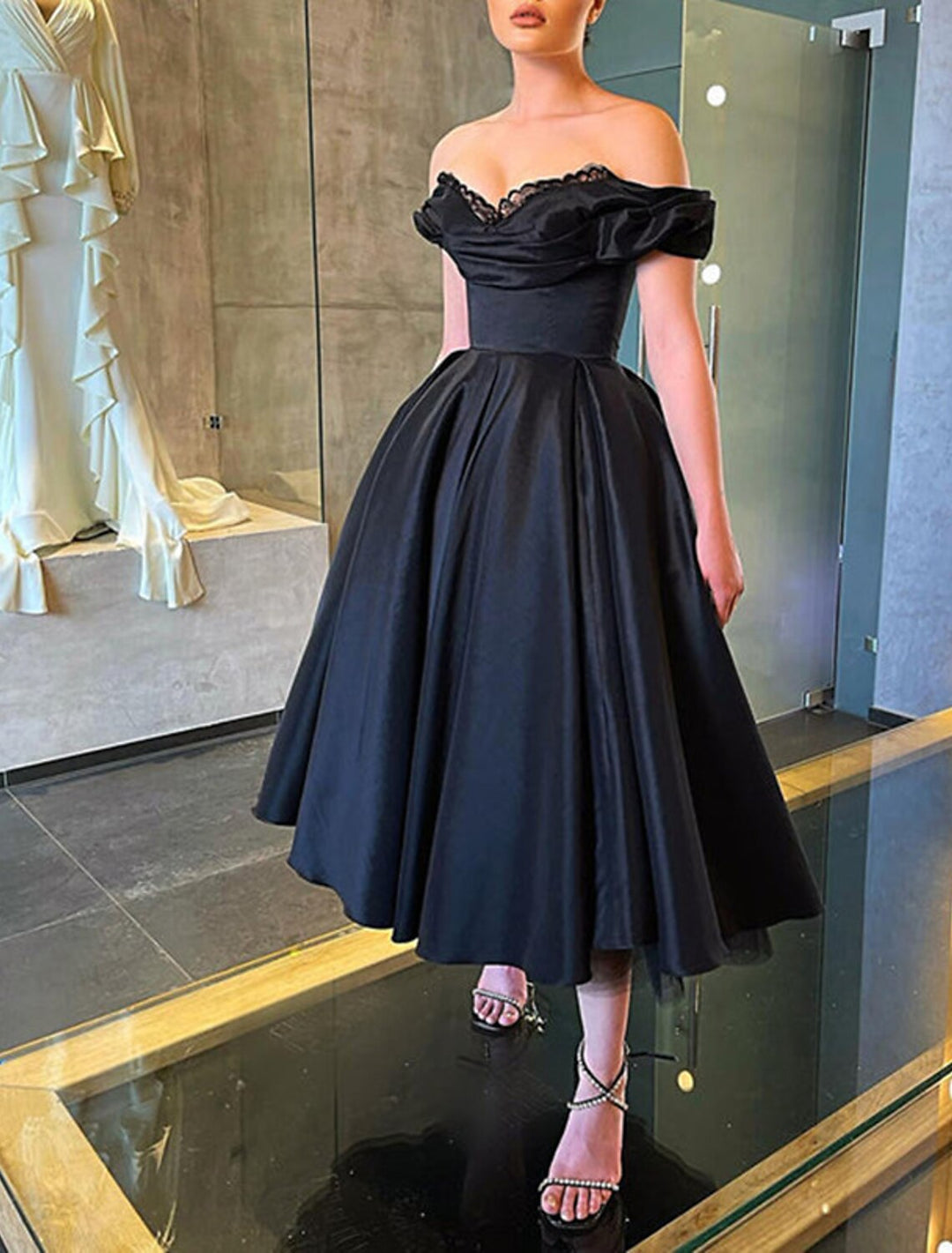 2026 Black Prom Dresses for Women's A-Line/Princess Off-the-Shoulder Tea-Length Formal Evening Dress Ball Gowns, Black 2026 Black Prom Dresses for Women's A-Line/Princess Off-the-Shoulder Tea-Length Formal Evening Dress Ball Gowns, Black