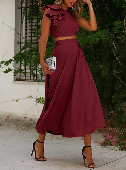 Two Piece A-Line Wedding Guest Cocktail Dresses Scoop Tea-Length Sleeves With Ruffles Burgundy Two Piece A-Line Wedding Guest Cocktail Dresses Scoop Tea-Length Sleeves With Ruffles Burgundy