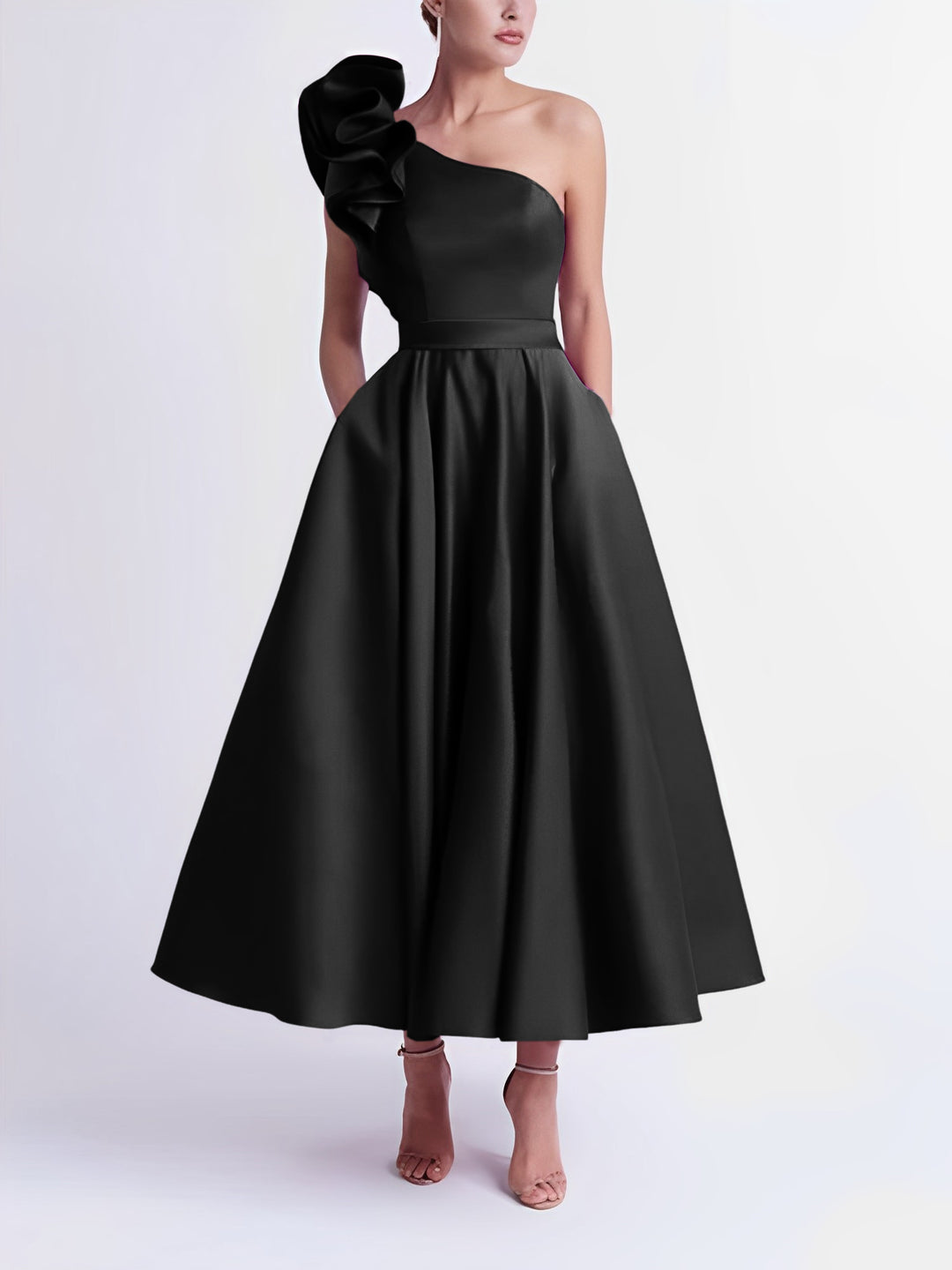 A-Line One-Shoulder Wedding Guest Cocktail Dresses Tea-Length With Ruf - Mondressy A-Line One-Shoulder Wedding Guest Cocktail Dresses Tea-Length With Ruf - Mondressy