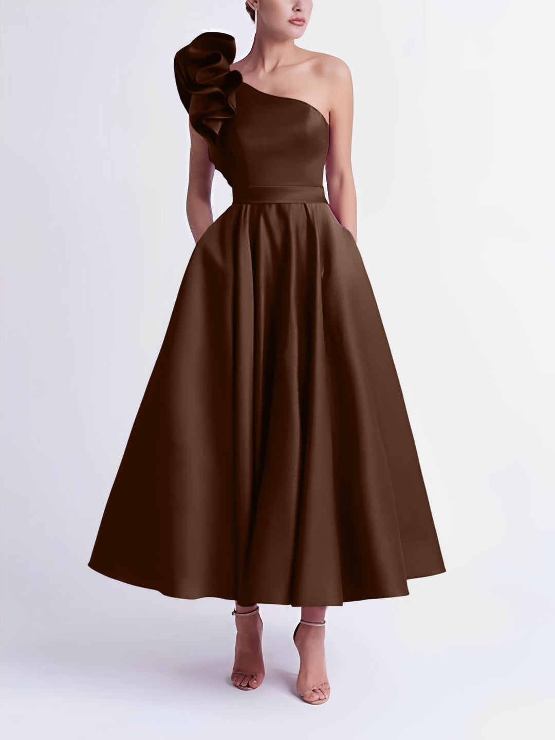 A-Line One-Shoulder Wedding Guest Cocktail Dresses Tea-Length With Ruf A-Line One-Shoulder Wedding Guest Cocktail Dresses Tea-Length With Ruf