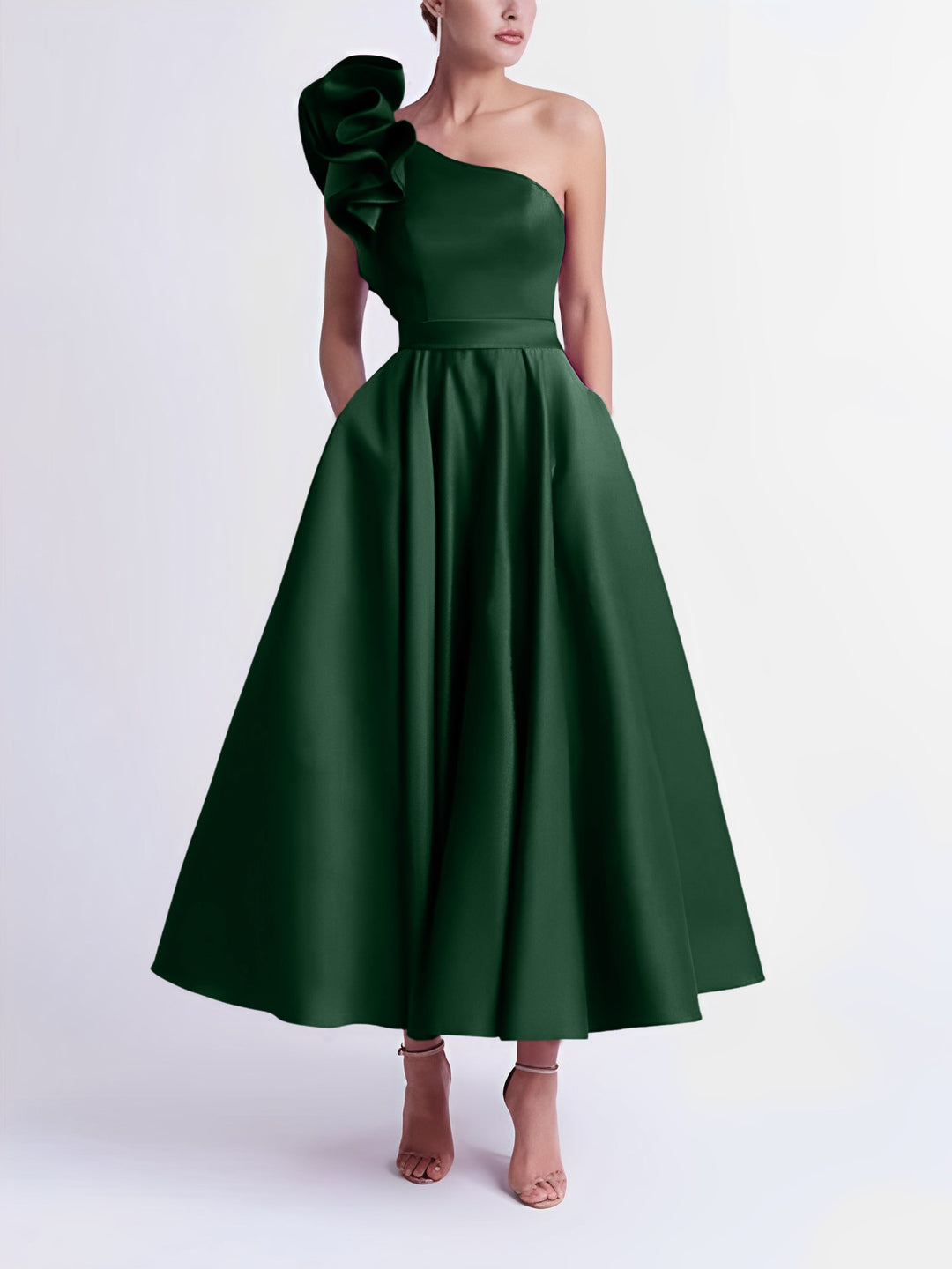 A-Line One-Shoulder Wedding Guest Cocktail Dresses Tea-Length With Ruf - Mondressy A-Line One-Shoulder Wedding Guest Cocktail Dresses Tea-Length With Ruf - Mondressy