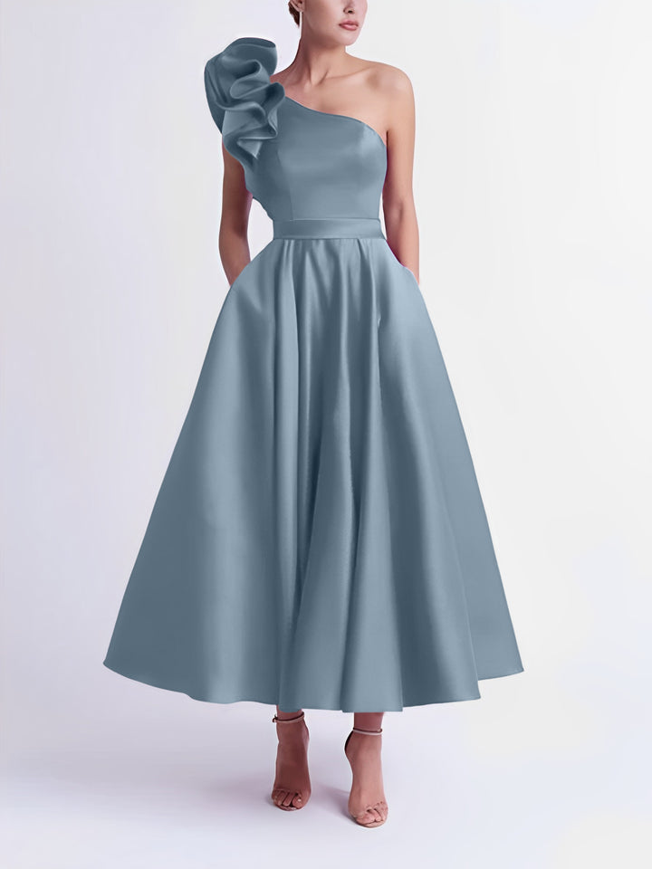 A-Line/Princess One-Shoulder Tea-Length Prom Dresses