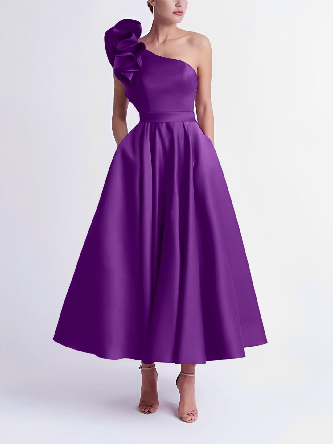 A-Line One-Shoulder Wedding Guest Cocktail Dresses Tea-Length With Ruffles Dark Green