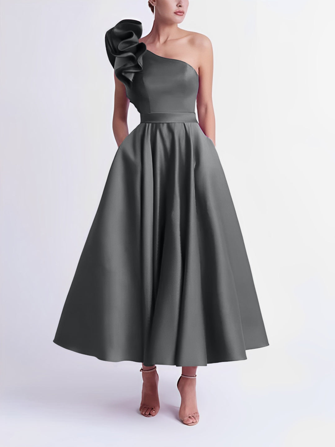 A-Line One-Shoulder Wedding Guest Cocktail Dresses Tea-Length With Ruffles Gray