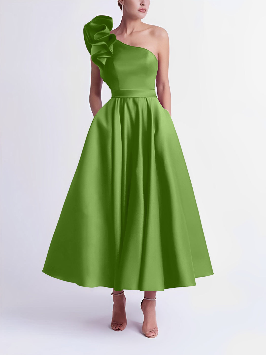 olive green tea length dresses Emma Olive Green Pleated Midi Dress
