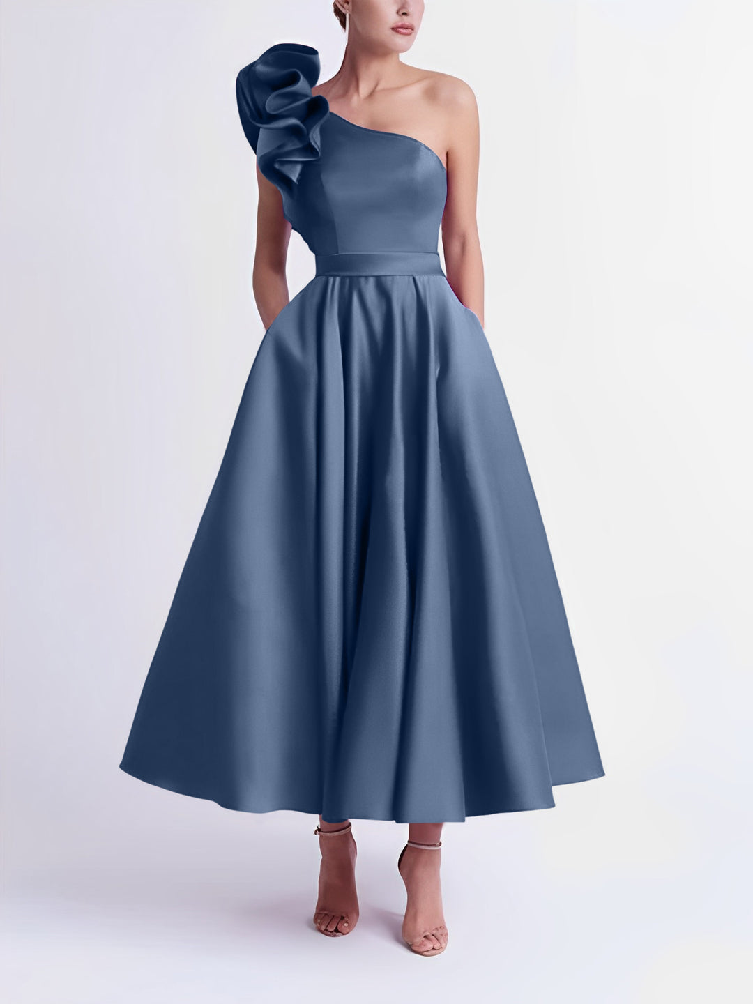 A-Line One-Shoulder Wedding Guest Cocktail Dresses Tea-Length With Ruffles Navy Blue