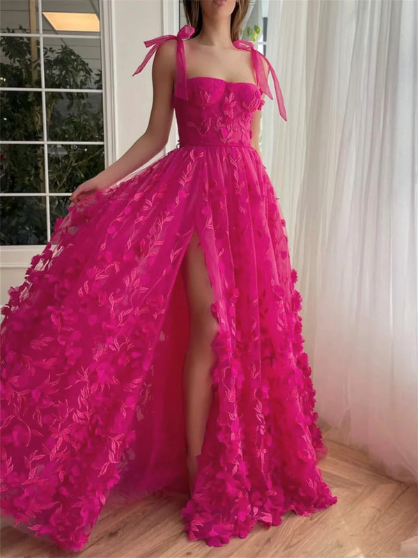 Fuchsia A-Line Princess Spaghetti Straps Long Floral Embroidery Prom Dresses With Split Side