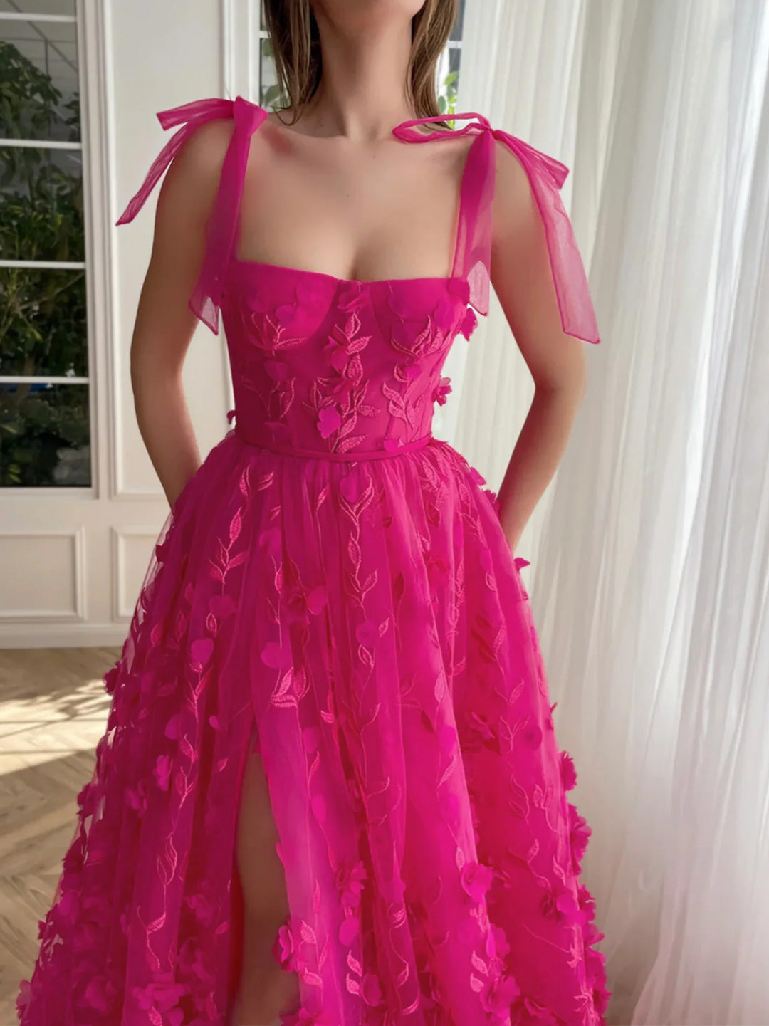 A-Line/Princess Spaghetti Straps Long Prom Floral Dresses With Split S - Mondressy A-Line/Princess Spaghetti Straps Long Prom Floral Dresses With Split S - Mondressy