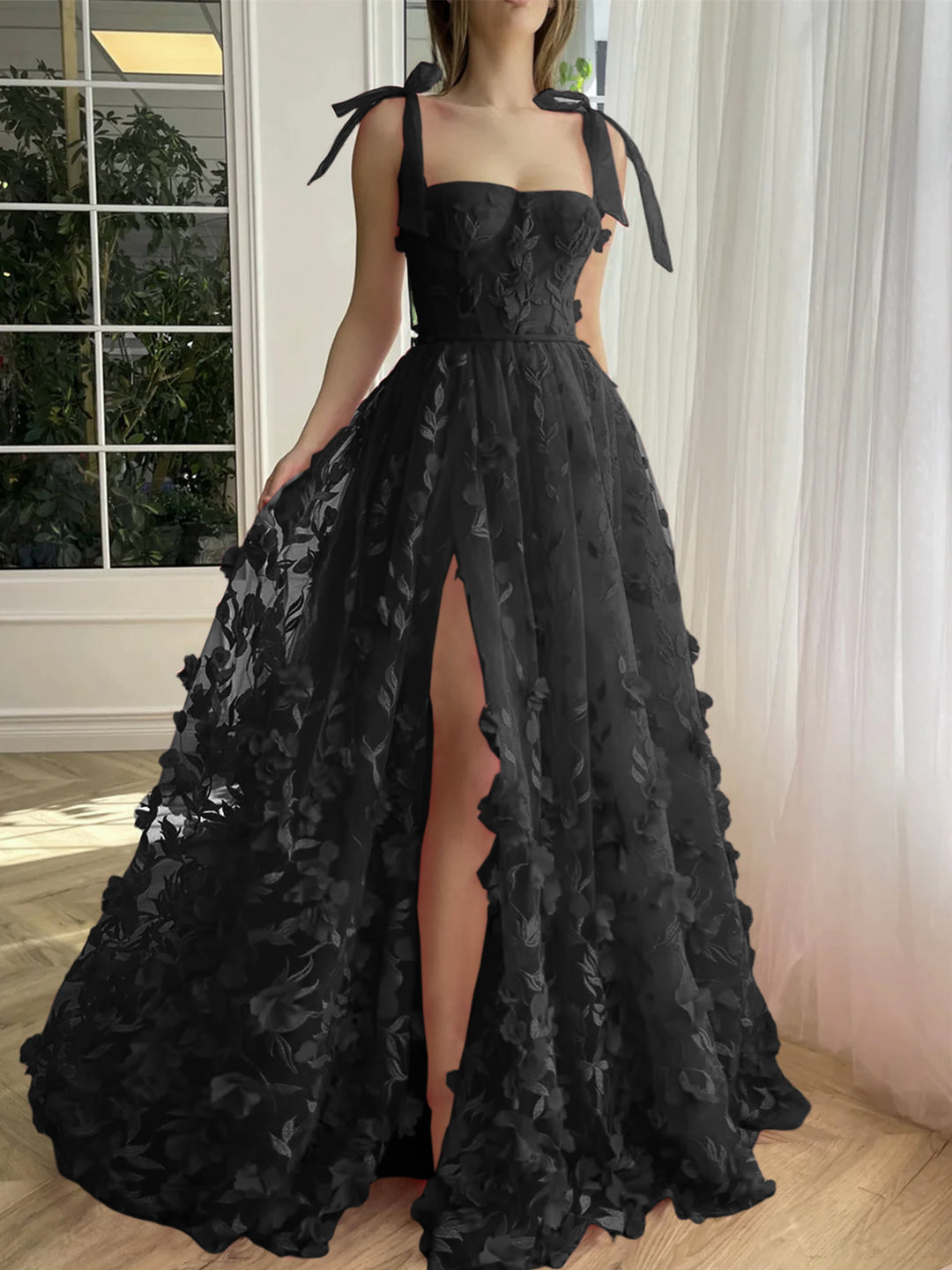 A-Line/Princess Spaghetti Straps Long Prom Floral Dresses With Split S - Mondressy A-Line/Princess Spaghetti Straps Long Prom Floral Dresses With Split S - Mondressy