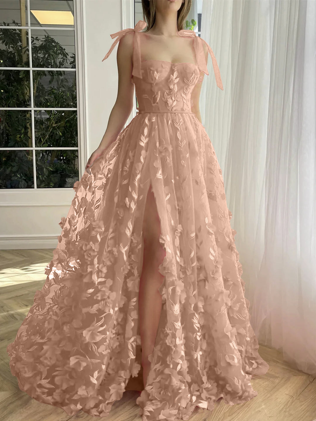 A-Line/Princess Spaghetti Straps Long Prom Floral Dresses With Split S - Mondressy A-Line/Princess Spaghetti Straps Long Prom Floral Dresses With Split S - Mondressy