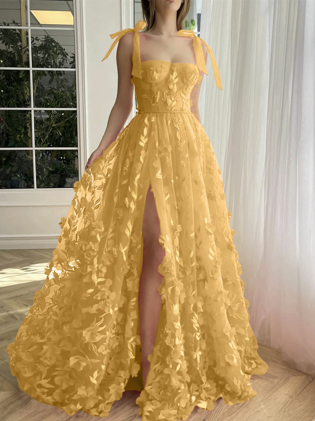 A-Line/Princess Spaghetti Straps Long Prom Floral Dresses With Split S - Mondressy A-Line/Princess Spaghetti Straps Long Prom Floral Dresses With Split S - Mondressy