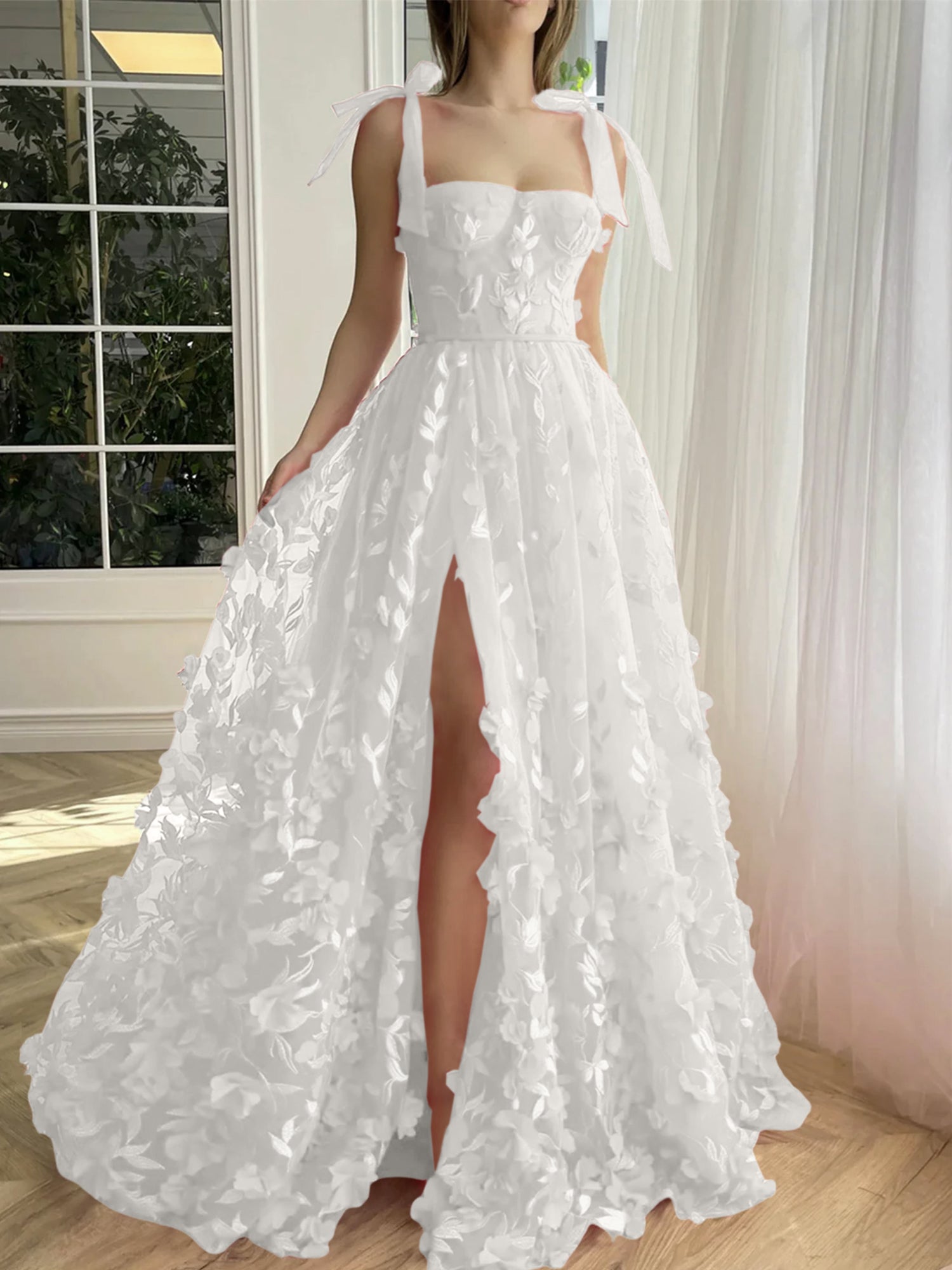 A-Line/Princess Spaghetti Straps Floor-Length Printed Floral Prom Dresses with Lace-Up & Appliques main image 0
