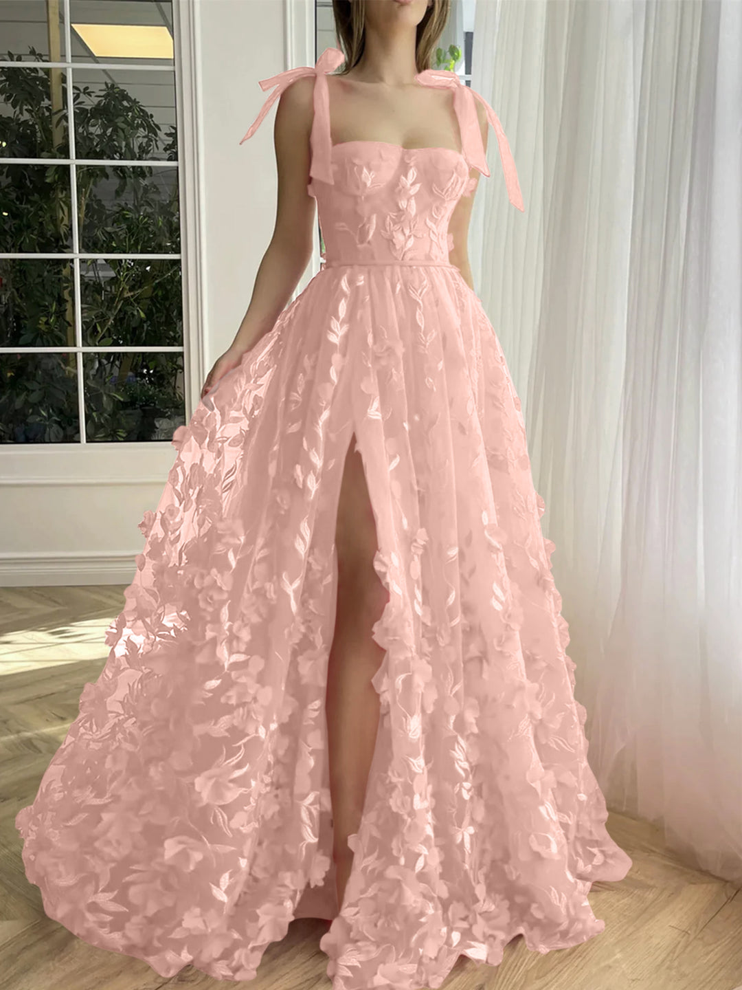 A-Line/Princess Spaghetti Straps Long Prom Floral Dresses With Split S - Mondressy A-Line/Princess Spaghetti Straps Long Prom Floral Dresses With Split S - Mondressy