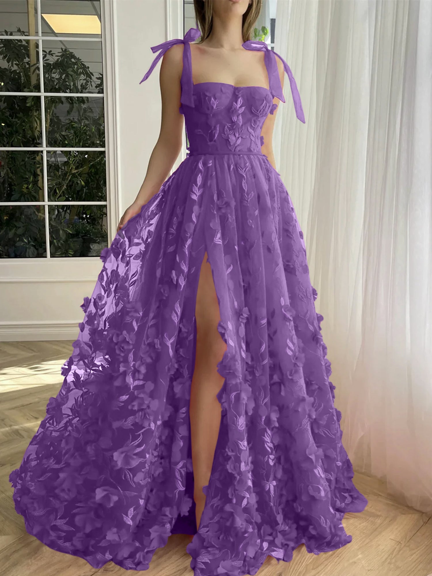 A-Line/Princess Spaghetti Straps Sleeveless Floor-Length Lace-up Back Prom Dresses with 3D Flowers main image 0