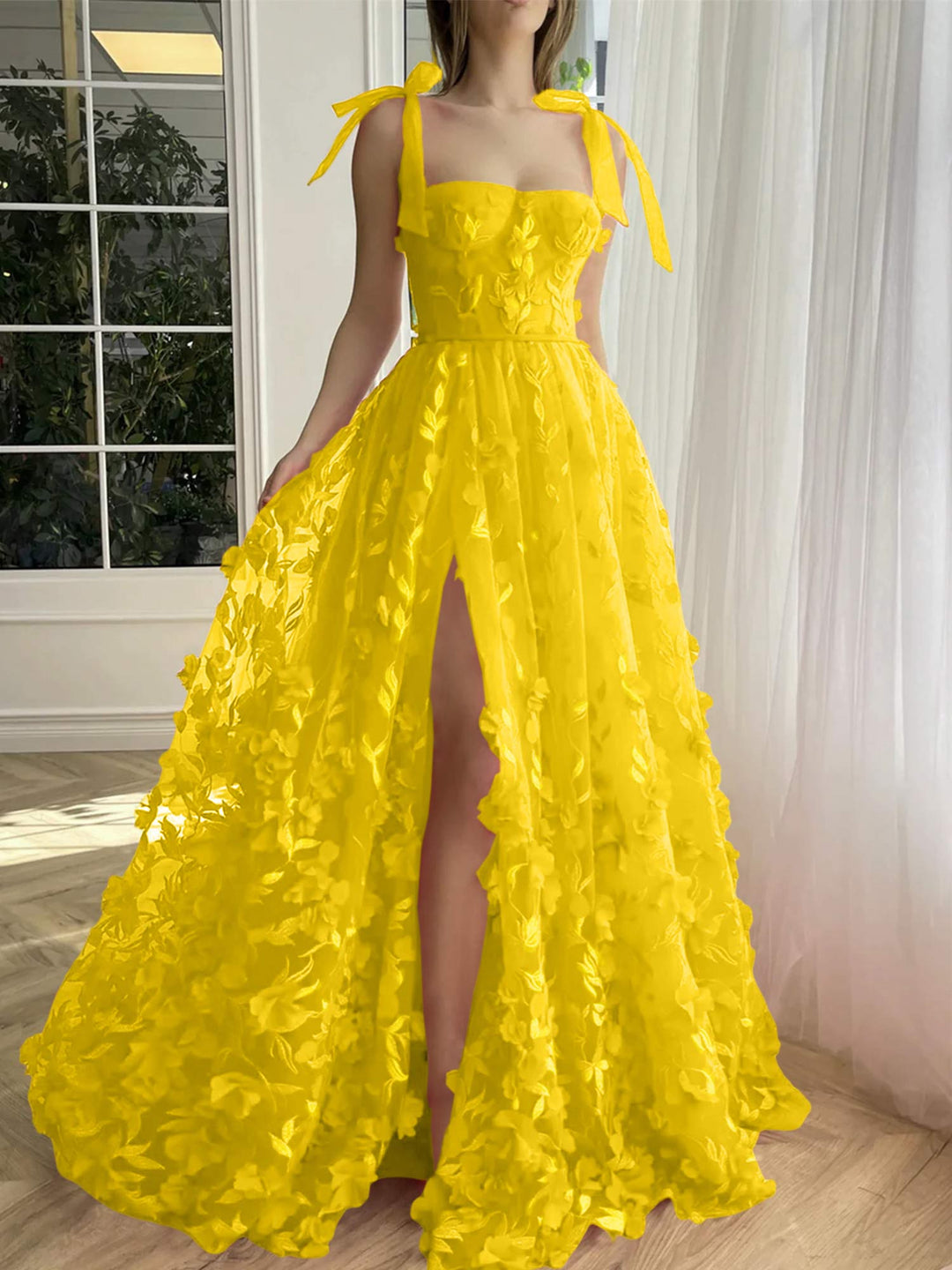 A-Line/Princess Spaghetti Straps Long Prom Floral Dresses With Split Side Yellow A-Line/Princess Spaghetti Straps Long Prom Floral Dresses With Split Side Yellow