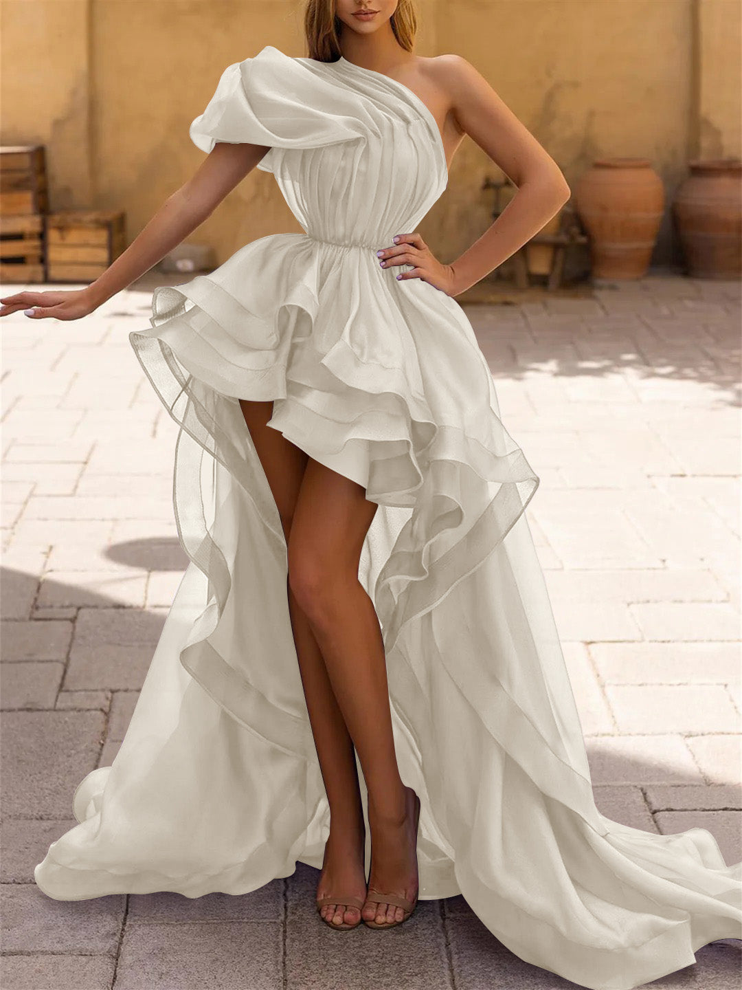 A-Line/Princess One-Shoulder Asymmetrical Prom Dresses With Ruffles
