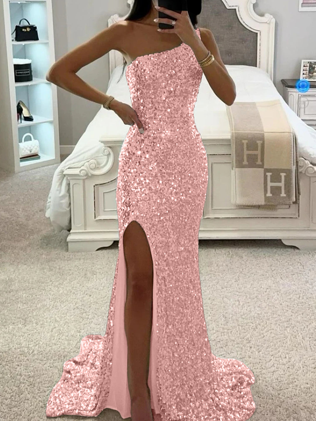 Trumpet/Mermaid One-Shoulder Sleeveless Floor-length Long Prom Dresses with Sequins & Split Side