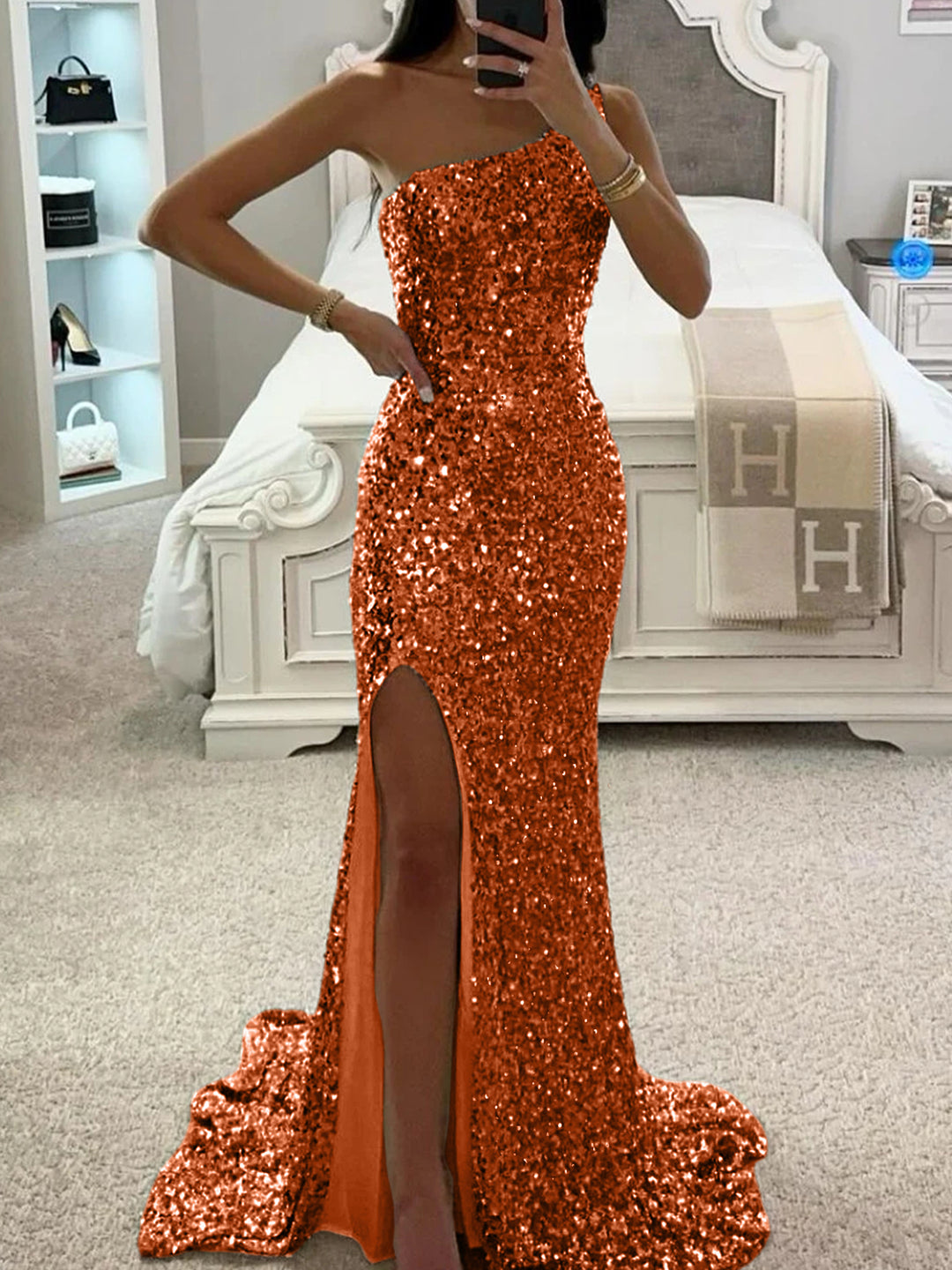 Trumpet/Mermaid One-Shoulder Sleeveless Floor-length Long Prom Dresses with Sequins & Split Side