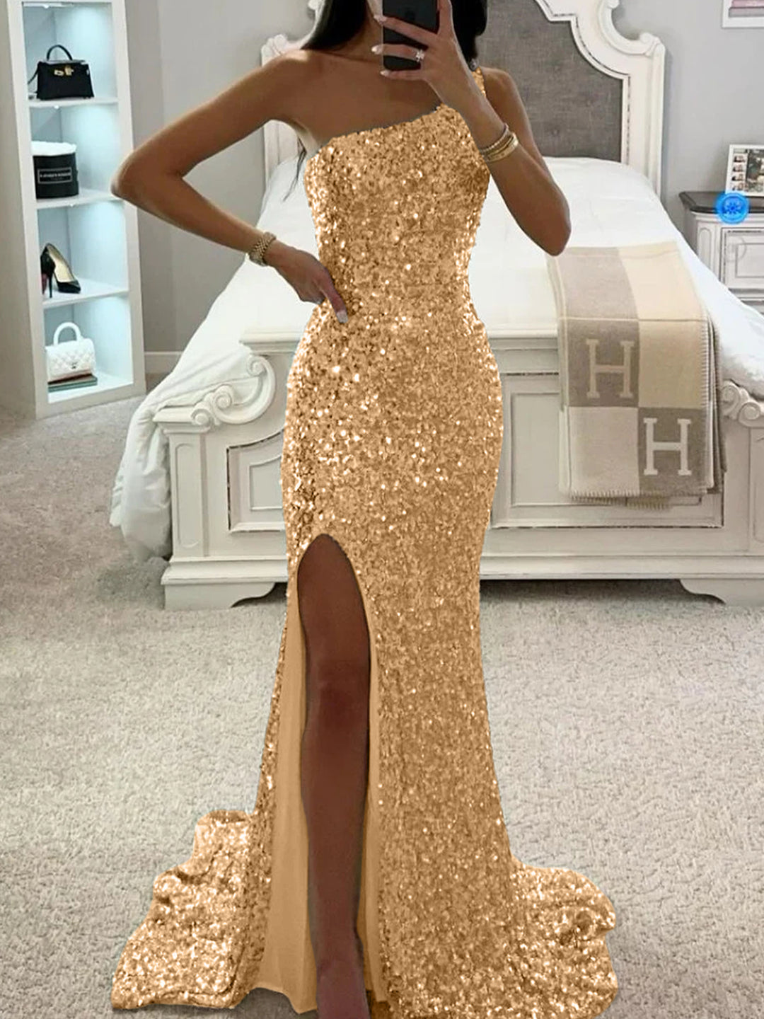 Trumpet/Mermaid One-Shoulder Sleeveless Floor-length Long Prom Dresses with Sequins & Split Side