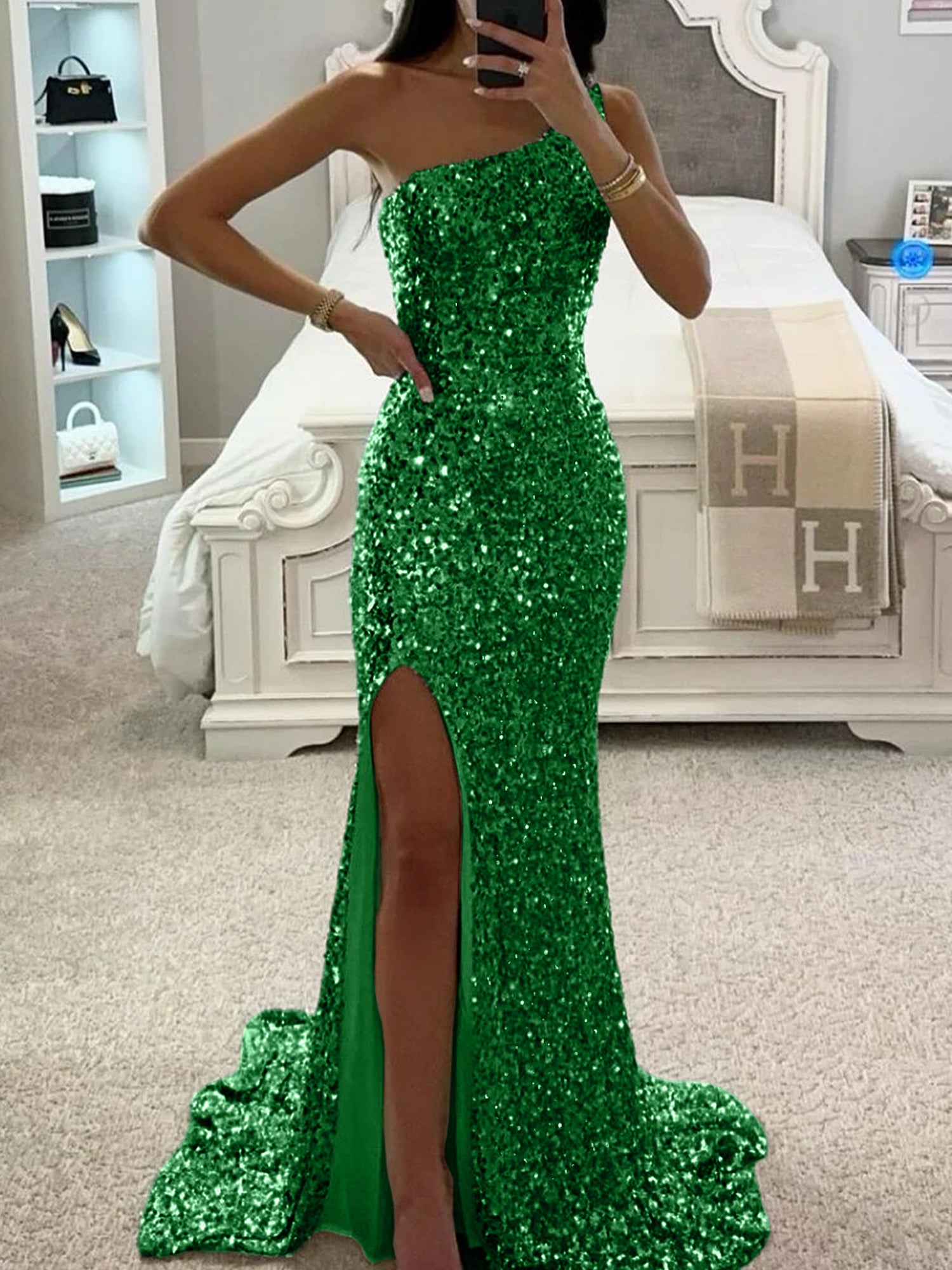 Glamorous Mermaid One-Shoulder Sleeveless Open Back Floor-Length Sage Green Satin Evening Dresses