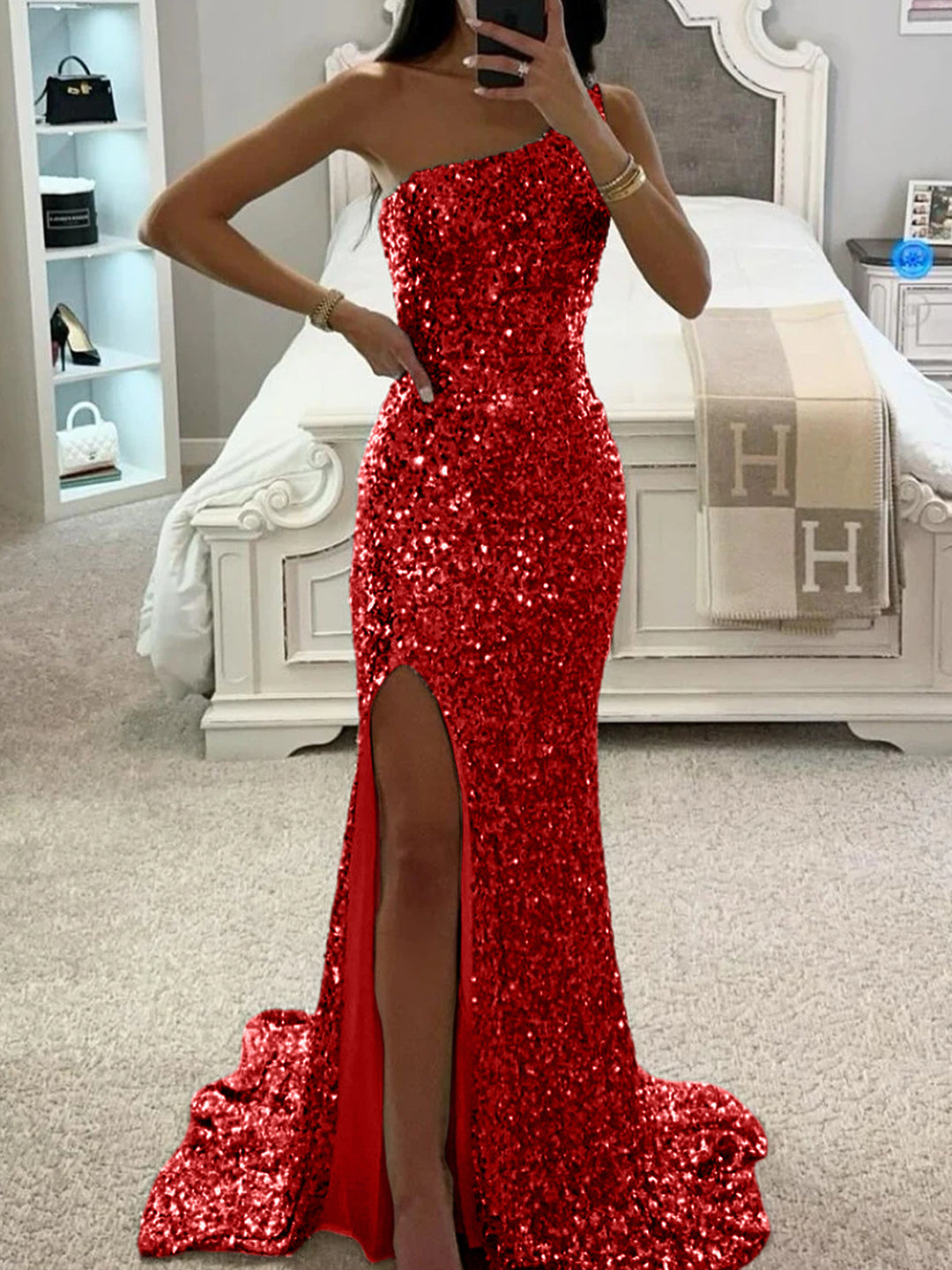 Trumpet/Mermaid One-Shoulder Sleeveless Floor-length Long Prom Dresses with Sequins & Split Side