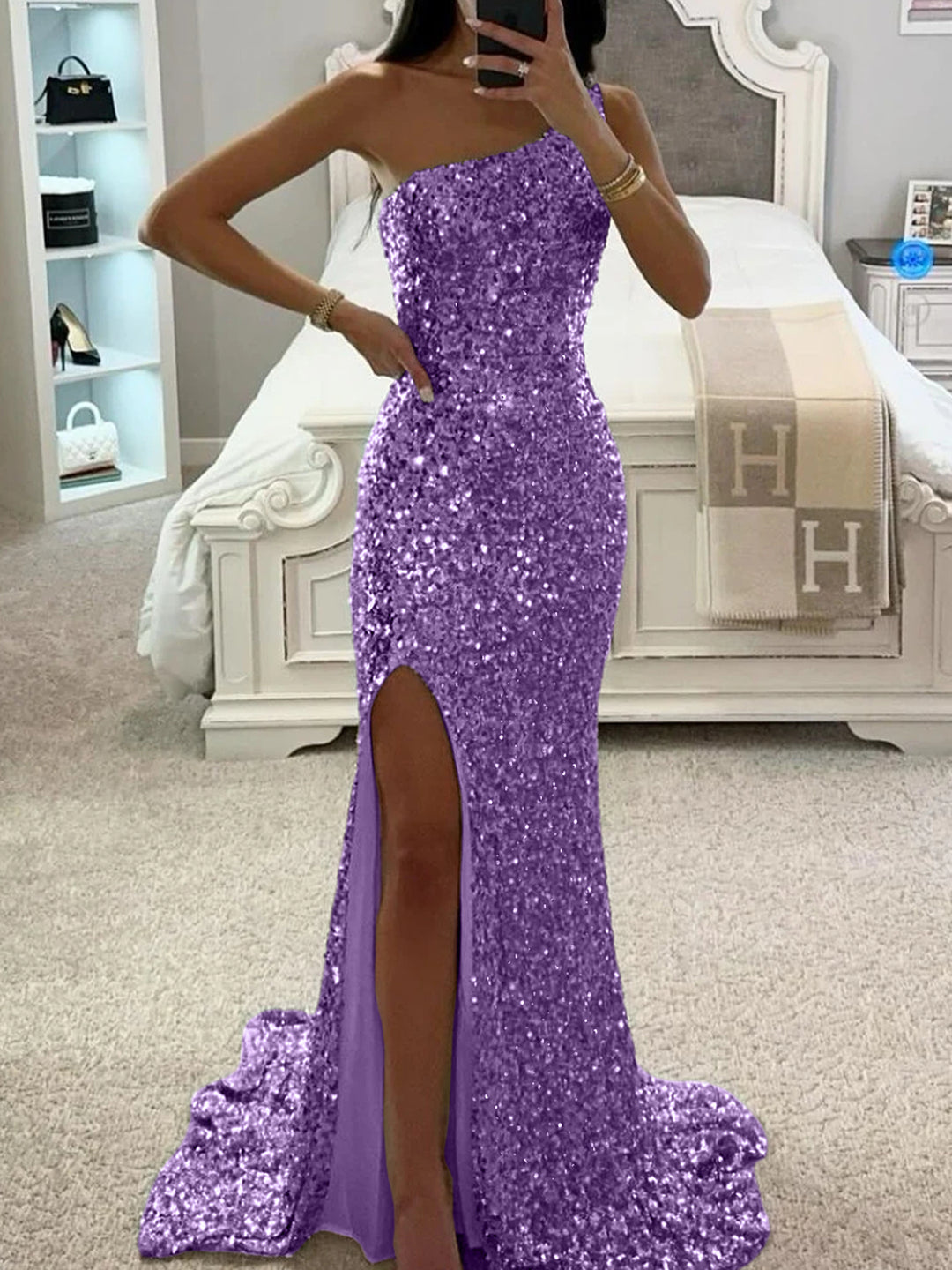 Trumpet/Mermaid One-Shoulder Sleeveless Floor-length Long Prom Dresses with Sequins & Split Side