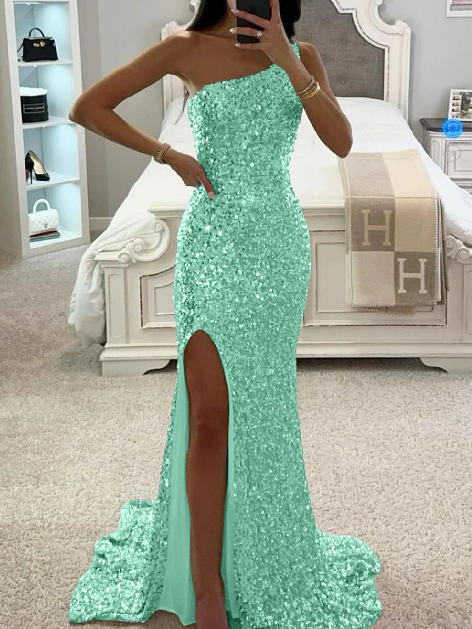 Floor-Length Trumpet/Mermaid One Shoulder Sleeveless Evening Dress,DS3749