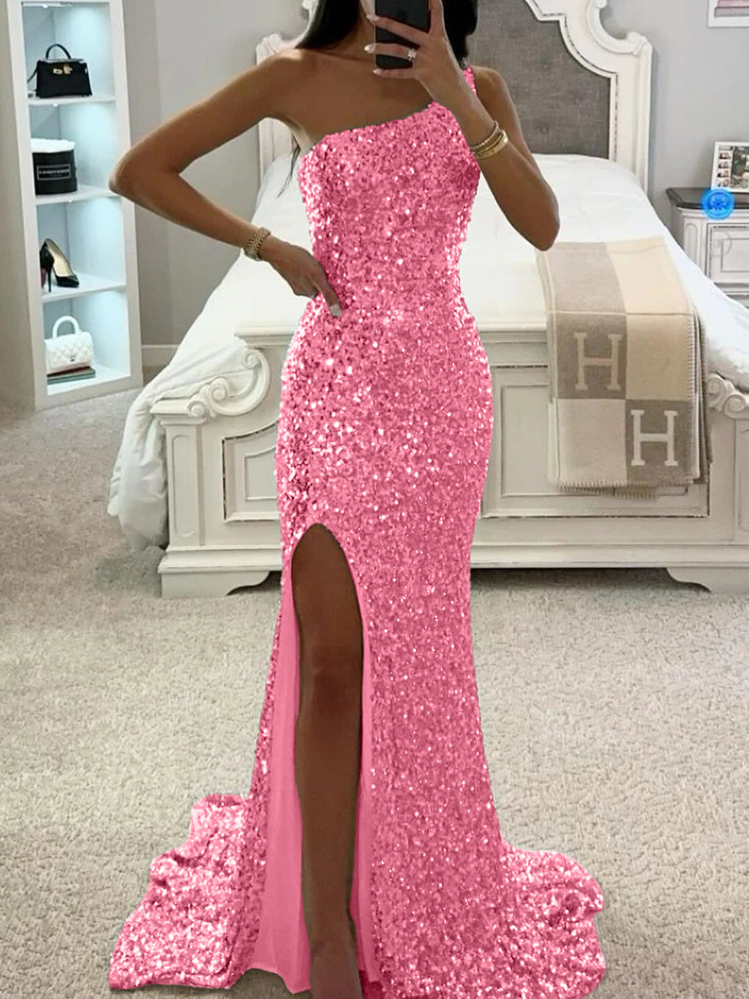 Trumpet/Mermaid One-Shoulder Sleeveless Floor-length Long Prom Dresses with Sequins & Split Side