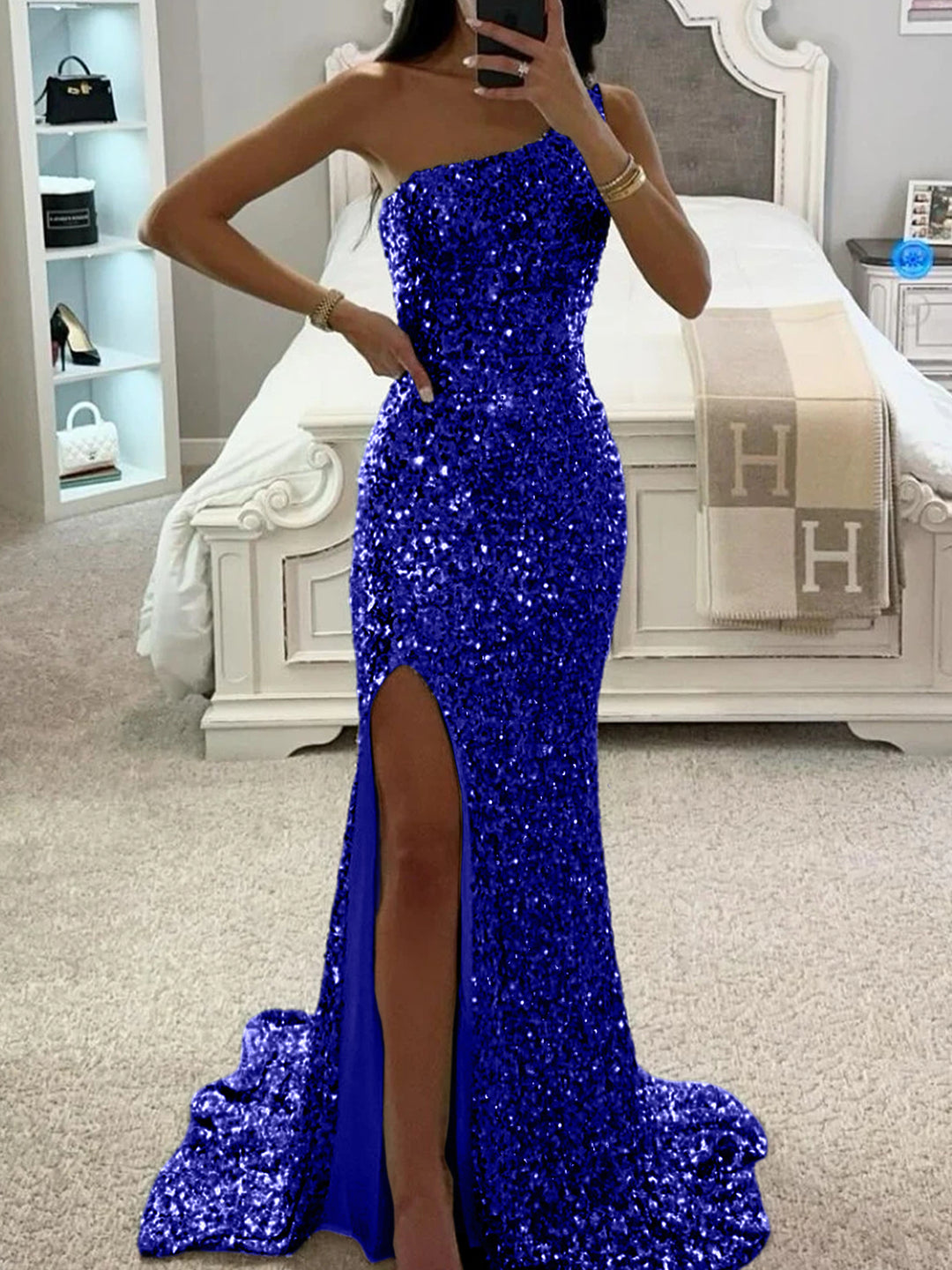 Trumpet/Mermaid One-Shoulder Sleeveless Floor-length Long Prom Dresses with Sequins & Split Side