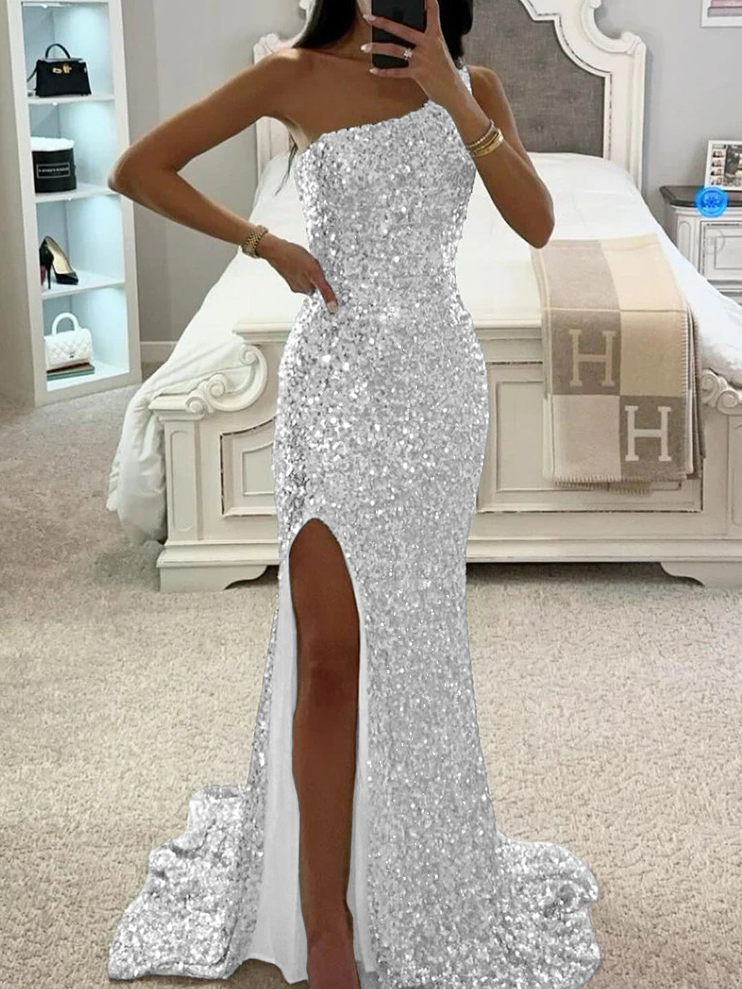 Trumpet/Mermaid One-Shoulder Sleeveless Floor-length Long Prom Dresses with Sequins & Split Side