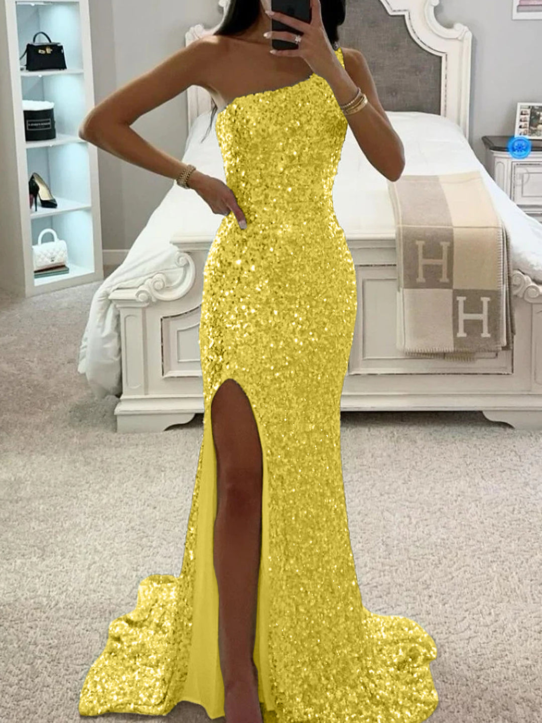 Trumpet/Mermaid One-Shoulder Sleeveless Floor-length Long Prom Dresses with Sequins & Split Side