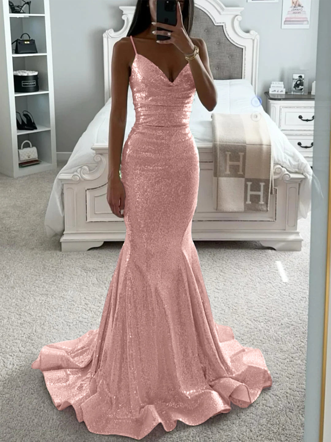 Trumpet/Mermaid Spaghetti Straps V-Neck Sleeveless Floor-length Long Prom Dresses