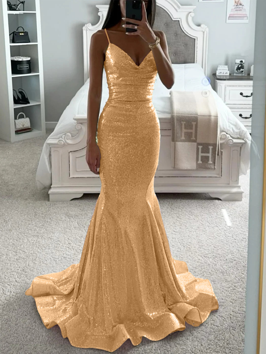 Trumpet/Mermaid Spaghetti Straps V-Neck Sleeveless Floor-length Long Prom Dresses