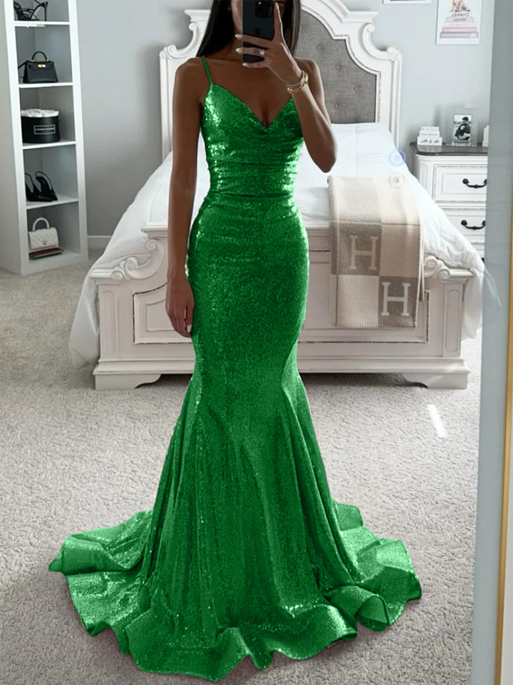 Trumpet/Mermaid Spaghetti Straps V-Neck Sleeveless Floor-length Long Prom Dresses