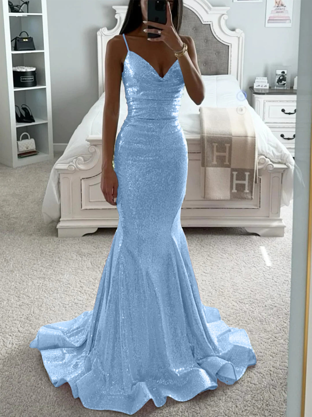 Trumpet/Mermaid Spaghetti Straps V-Neck Sleeveless Floor-length Long Prom Dresses