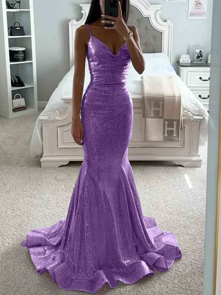 Trumpet/Mermaid Spaghetti Straps V-Neck Sleeveless Floor-length Long Prom Dresses
